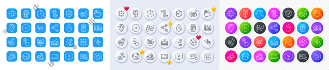 Equality, Marketplace and Hot water line icons. Square, Gradient, Pin 3d buttons. AI, QA and map pin icons. Pack of Reject click, Stress, Laptop icon. Vector