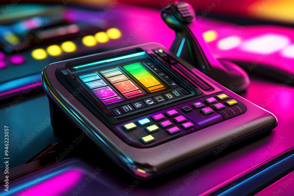 Poster futuristic control panel with vibrant, multicolored buttons and a joystick in a neon-lit environment