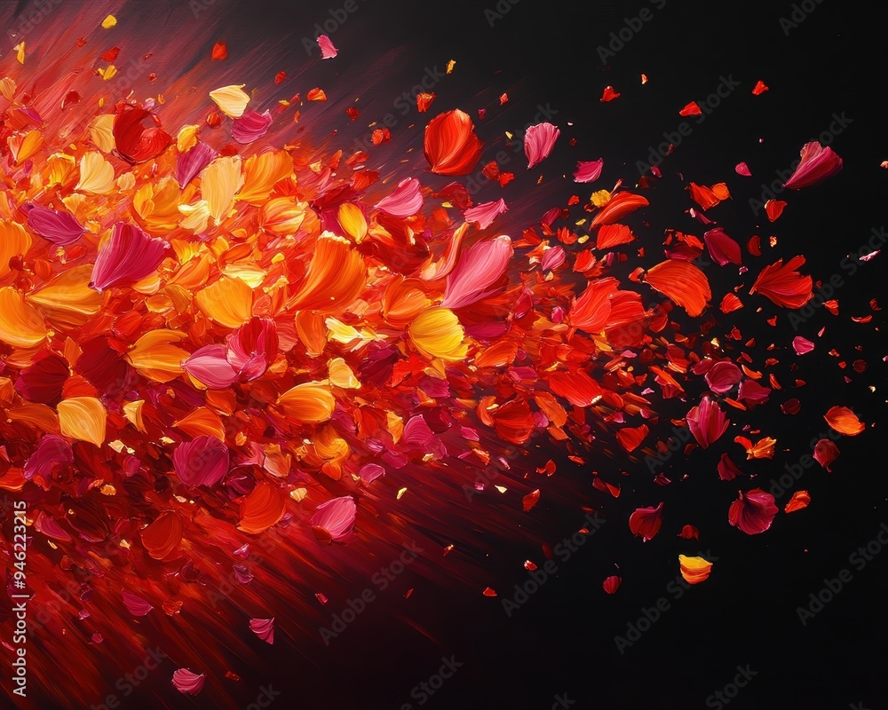Poster vivid explosion of red, orange, and pink flower petals against a dark background, creating a strikin