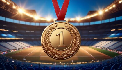 Golden first-place medal with a laurel wreath displayed in a celebratory sports arena during a tournament event
