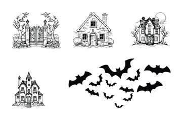 Naklejka premium Set of Black silhouettes of haunted houses with bats, Halloween design.