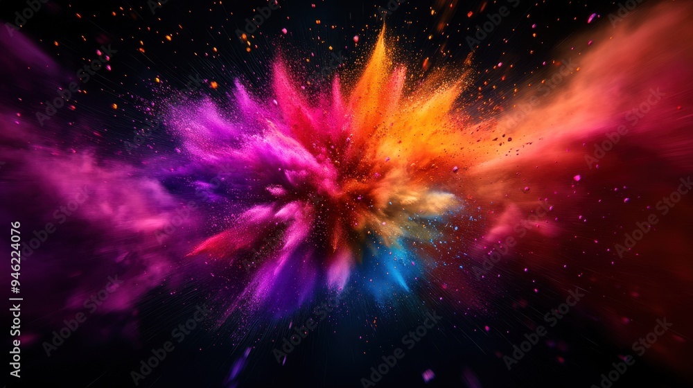 Poster Vibrant explosion of colorful powder particles on a dark background, creating a dynamic and abstract burst of vivid colors.