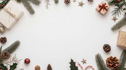 Design Christmas-themed frame that should feature festive elements such as christmas flower, mistletoes, leaves, pine branches,acorns, on a white background, High-resolution photography.