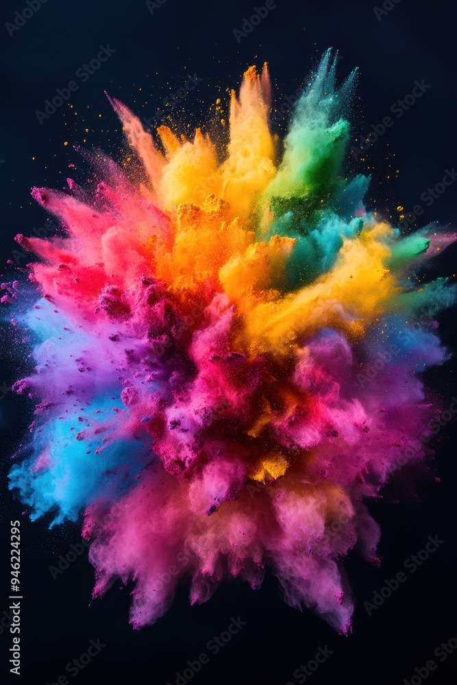Poster vibrant explosion of colorful powder on a dark background, showcasing a dynamic burst of multiple hu