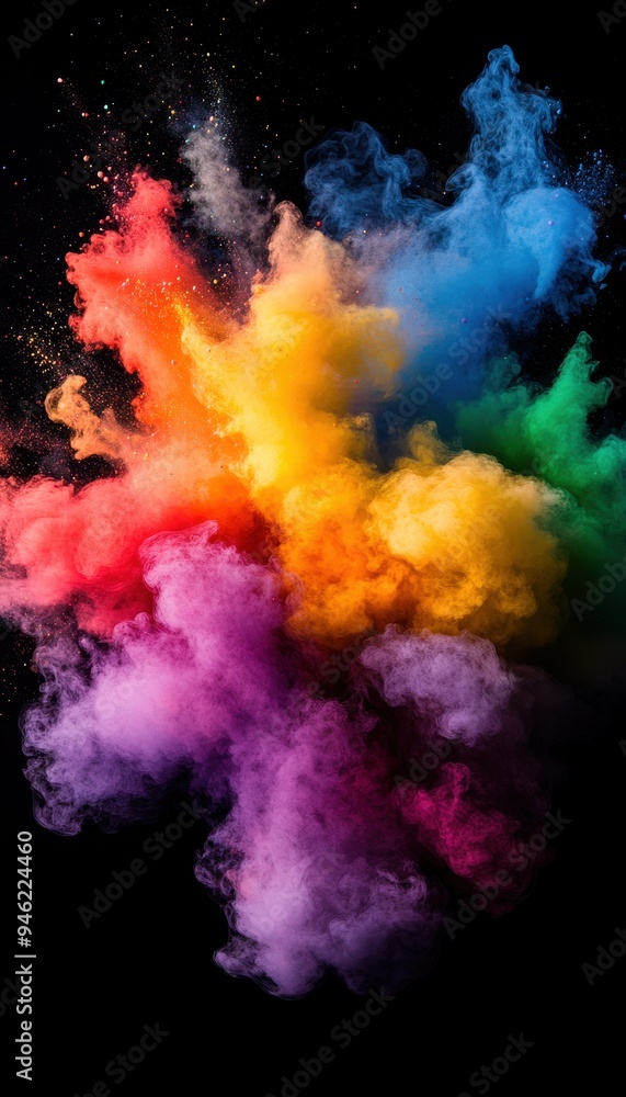 Poster vibrant explosion of colorful powder against black background, displaying vivid hues and dynamic ene
