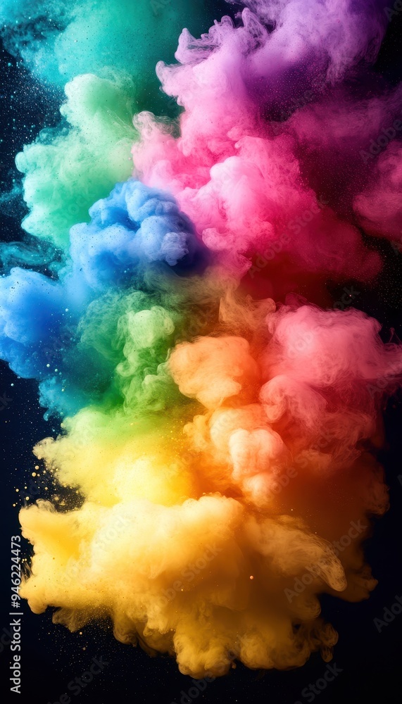 Poster vibrant explosion of colorful powder in midair, creating a stunning rainbow cloud effect against a d