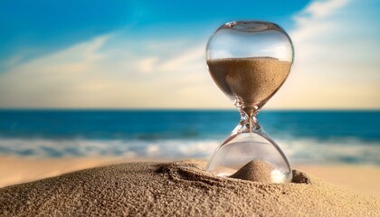 Hourglass in the sand of a beach with the blurred sea in the background