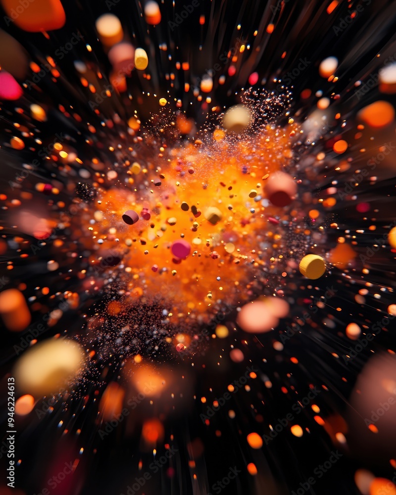 Poster Vibrant explosion of colorful particles on a dark background, creating a dynamic and energetic visual effect.
