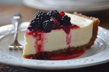 A slice of creamy New York cheesecake with a berry compote 