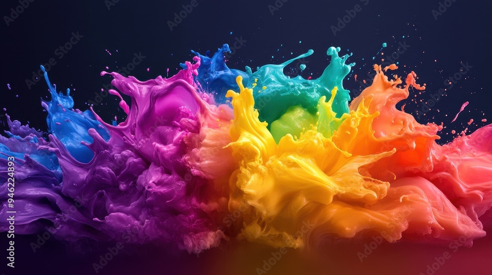 Aufkleber Vibrant explosion of colorful paint splashes in various hues, creating a dynamic and eye-catching abstract design on a dark background.