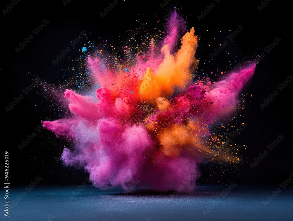 Poster vibrant explosion of colored powder in the air, creating a dynamic and artistic cloud effect on a bl