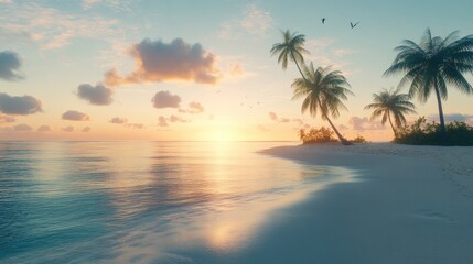 Obraz premium A serene tropical island with a gentle sunrise, casting a warm light over calm ocean waters and sandy beaches