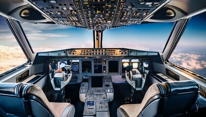 Jet plane cabin interior, commercial plane cockpit