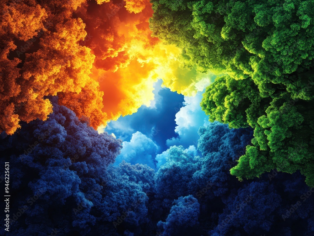 Poster vibrant abstract clouds in diverse colors creating a captivating sky scene. ideal for backgrounds, a