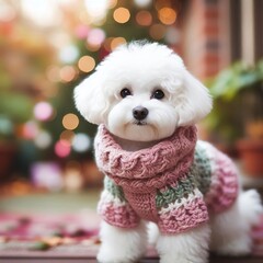 White maltipoo, playing in the garden wearing beautiful crochet wool with blur background, christmas theme