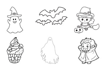 Set of Halloween elements Hand-drawn outline.