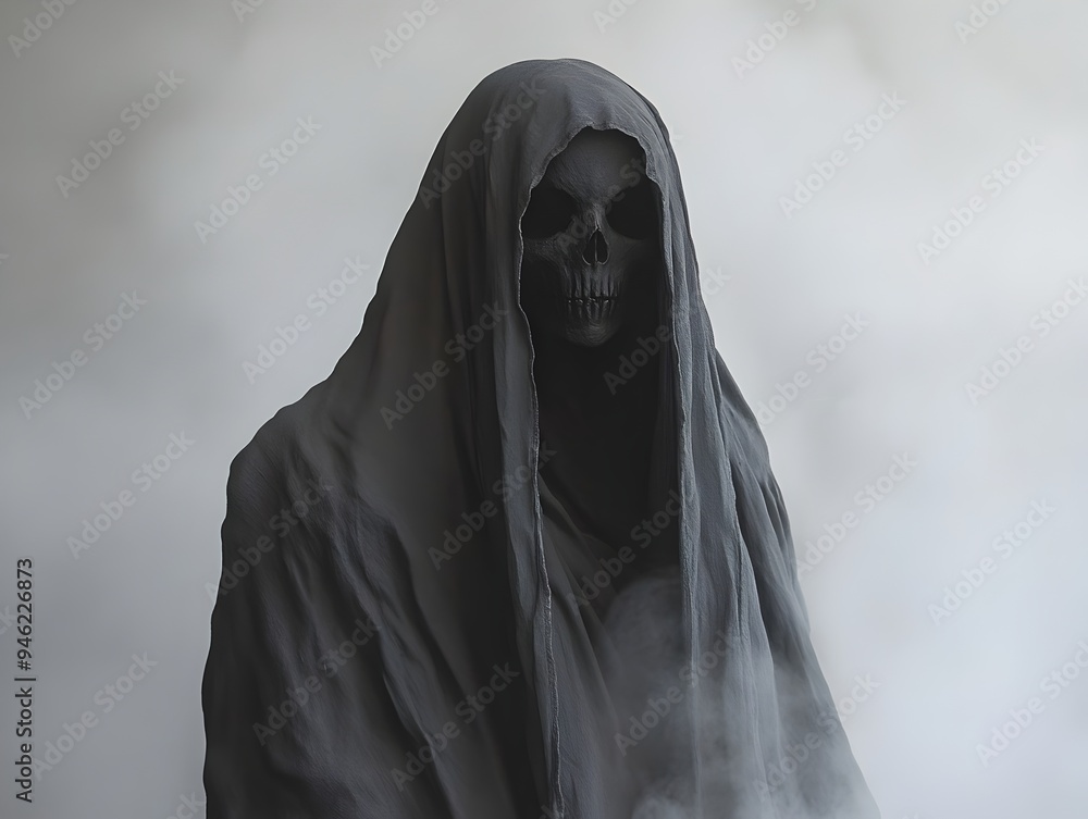 Poster ominous spectral entity shrouded in billowing cloak like drapery unsettling apparition in expression