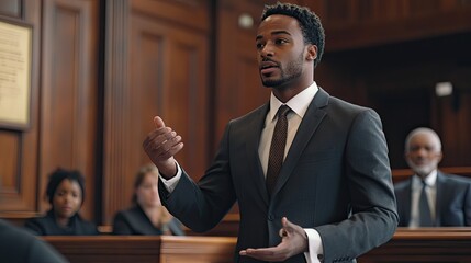 Fototapeta premium A lawyer confidently presenting a case in a courtroom, fighting for their client's rights.