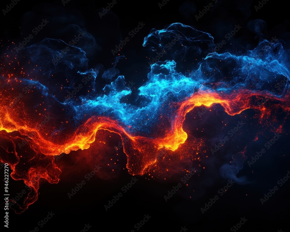 Poster stunning abstract image of fiery red and cool blue wisps intertwining against a dark background, evo