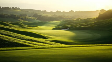A stunning golf course with rolling hills, blurred in the background, and a perfectly cut fairway leading to the green