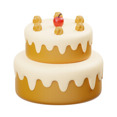 3d illustration of two layer cake with vanilla icing and cherry toppings, event cakes, wedding and birthday cakes abstract