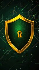 Fototapeta premium A vibrant golden shield showcases a lock icon, representing digital security set against a green patterned backdrop