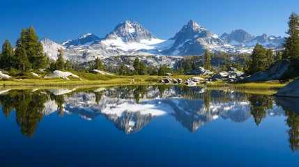 Fototapeta premium A serene mountain landscape with a reflective lake and towering peaks under a clear blue sky.