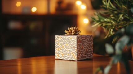 A stylish gift box with a geometric pattern, set against a blurred modern interior background, perfect for any occasion