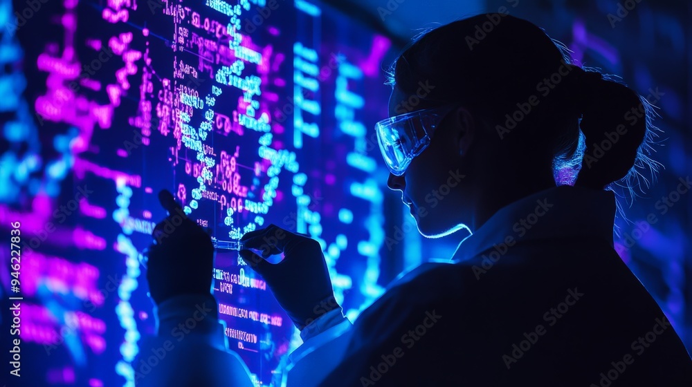 Poster a scientist analyzing data on a futuristic digital interface. blue and purple lights illuminate the 