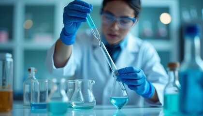 Fototapeta premium Chemist in lab meticulously measuring