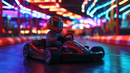 A dynamic night scene of a go-kart racer zooming through a vibrant neon-lit track, capturing the thrill and speed of the race.