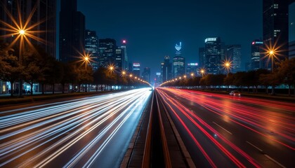  Vibrant city nightlife with blurred traffic lights and illuminated buildings