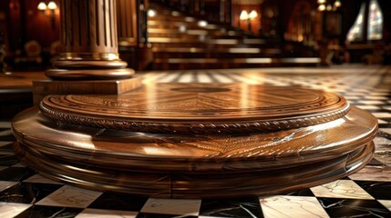 Close-up of a wooden platform in a grand hall with a black and white checkered floor.