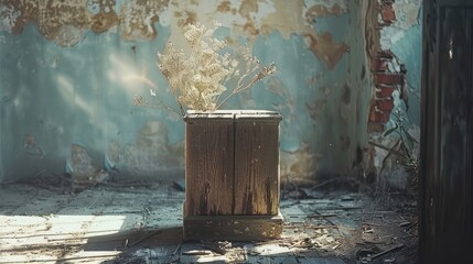 A wooden cabinet with dry flowers sits in the middle of a deserted room. The walls are cracked and peeling. Light streams in through the window, illuminating the dust particles in the air.