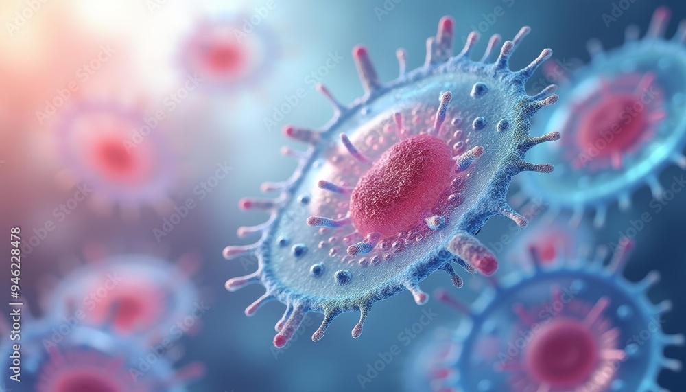 Poster viral particles in a microscopic view illustrating the complexity of microorganisms