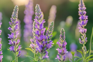 Fototapeta premium A vivid and serene image of lavender flowers in full bloom, illuminated by soft sunlight, showcasing nature's beauty.