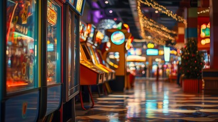 Fototapeta premium Brightly lit arcade with colorful pinball machines and games arranged in a row, capturing a fun and nostalgic gaming environment.