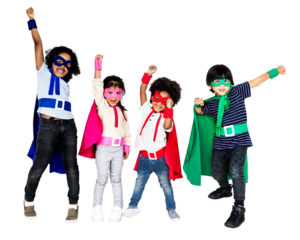 Superhero kids png clipart, cute costumes, transparent background