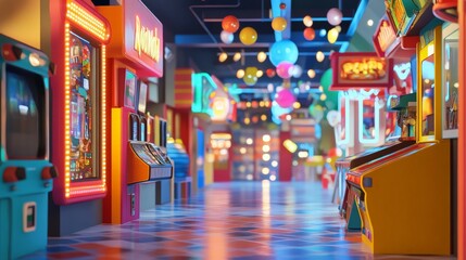 Colorful and vibrant retro arcade with a variety of vintage video game machines, bright lights, and nostalgic atmosphere.