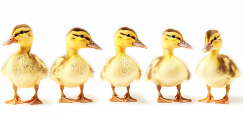Five fluffy yellow ducklings lined up on a bright white backdrop, displaying their soft feathers and innocent look