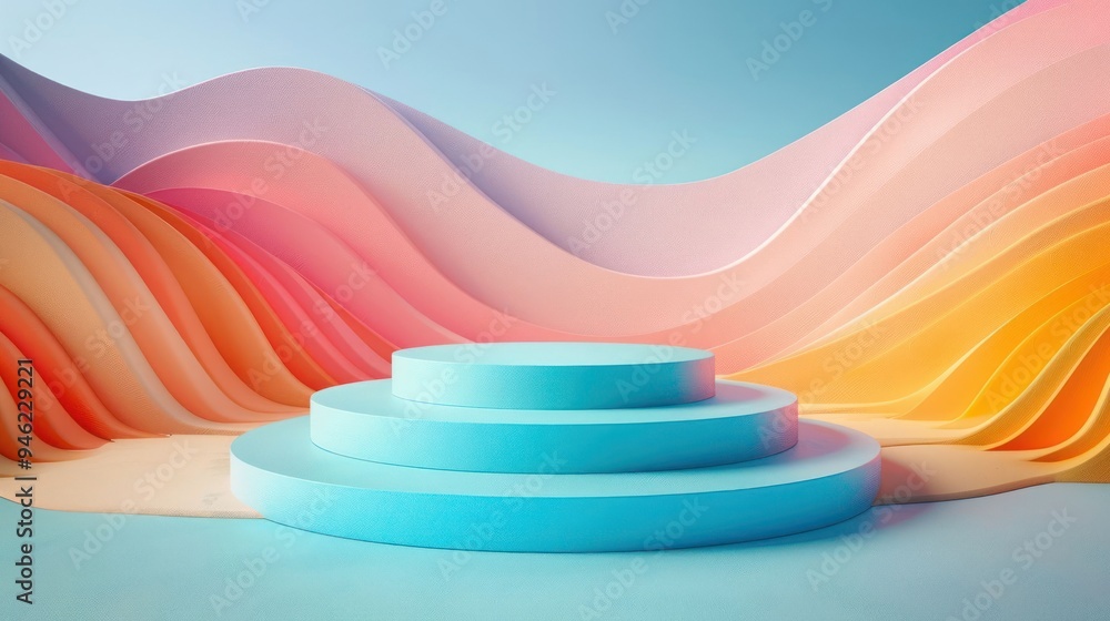 Poster abstract 3d podium with colorful wavy background for product display.