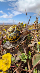 Fototapeta premium Closeup of a snail with a spiraled shell among wildflowers, demonstrating the beauty of small wildlife in nature