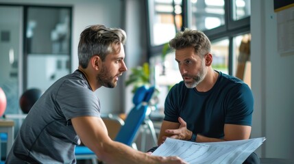 Obraz premium Two men in an office discussing plans, with one pointing at a blueprint and the other listening attentively.