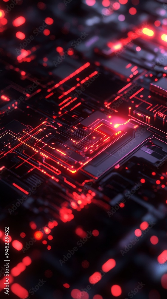 Canvas Prints Red circuit board glowing with data transferring through