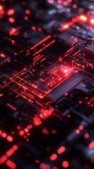 Obraz premium Red circuit board glowing with data transferring through