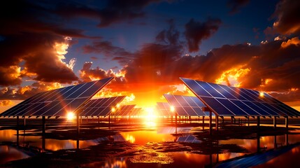 Solar panel array in desert landscape, 