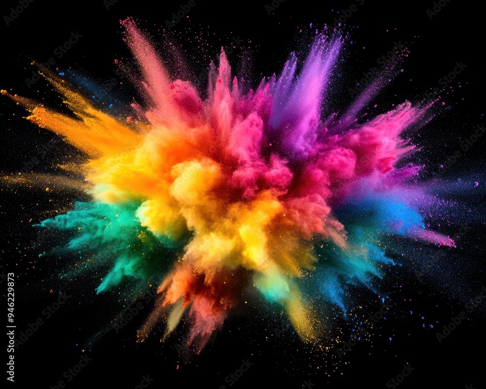 Poster dynamic explosion of vibrant colored powder on black background, showcasing a stunning display of co
