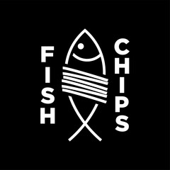 Fish and chips logo vector illustration template lettering black and white 
