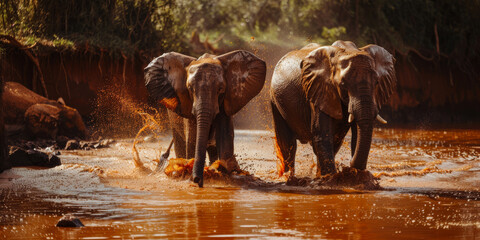 Elephants splashing through muddy river in African wilderness