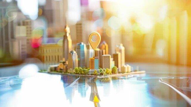 A detailed model of a city is elegantly positioned atop a map, with a prominent pin marking its central location, showcasing the relationship between urban design and geography.